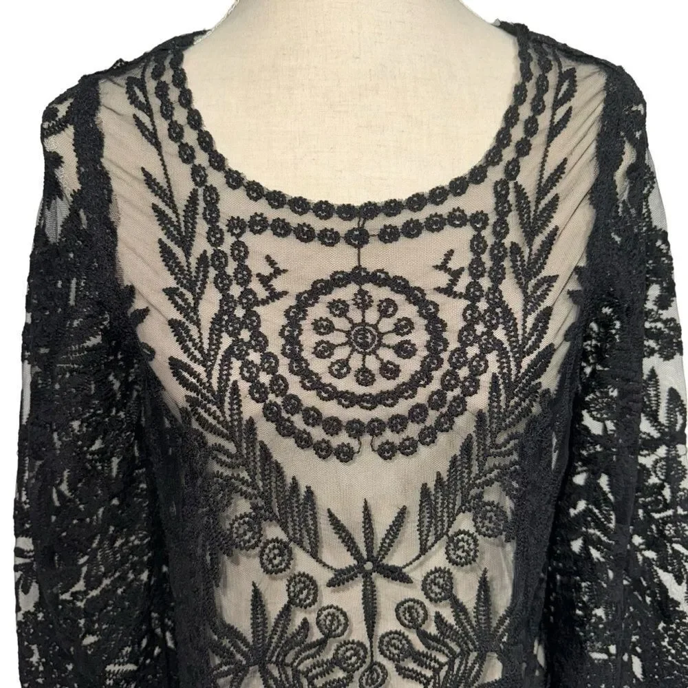 Simaier Solid Black Long Sleeve Sheer Round Neck Lace Floral Swim Coverup size M